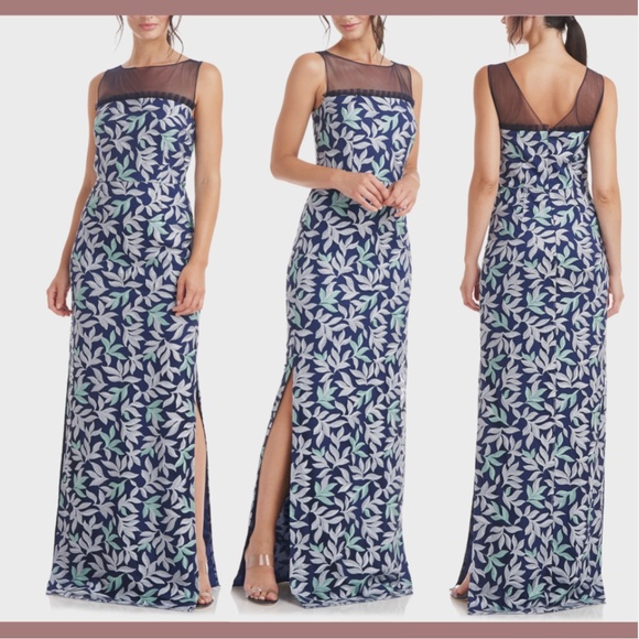 NWT JS Collections [ 14 ] Leighton Illusion Column‎ Gown in Oxford Blue G1462 - Picture 1 of 14